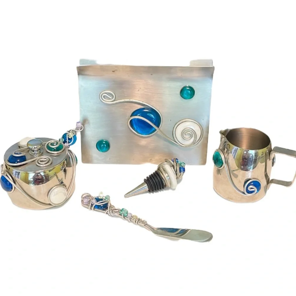 Handmade stainless steel blue beaded kitchen 5 piece set